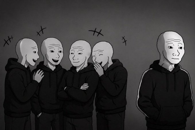 Four insiders laughing, one outsider watching